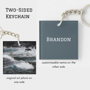 Personalised Ocean Wave Photo Minimal Men's Name Key Ring