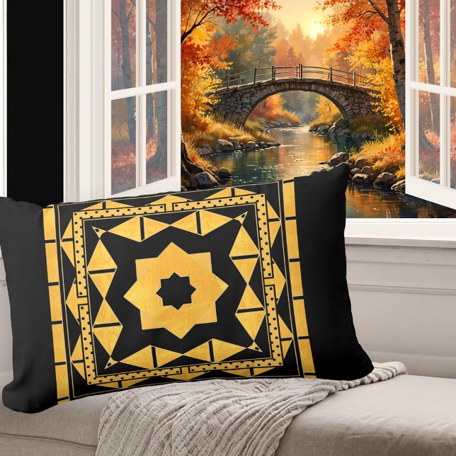 Personalised Ochre Black Pattern Pillow (Elegant pillow featuring an art deco inspired abstract design in black and ocher)
