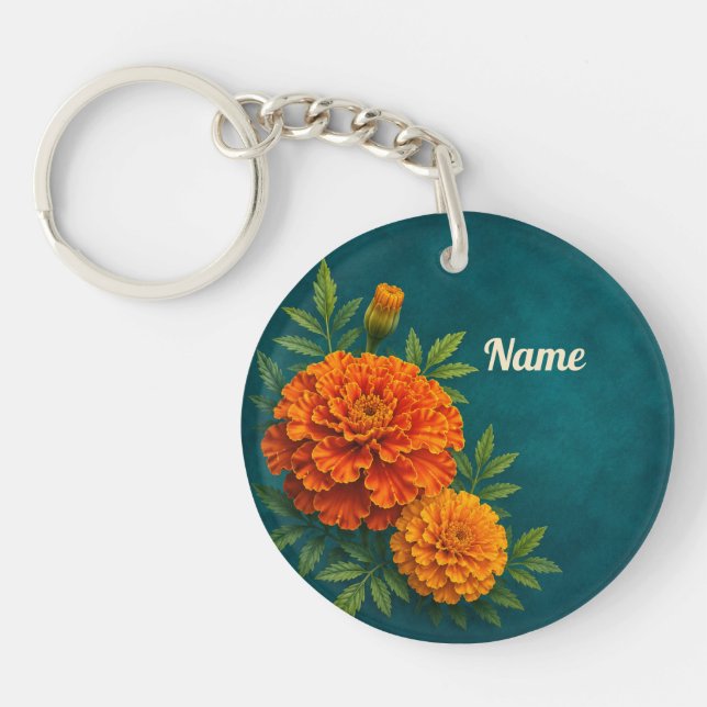 Personalised October Birth Flower Marigold  Key Ring (Front)