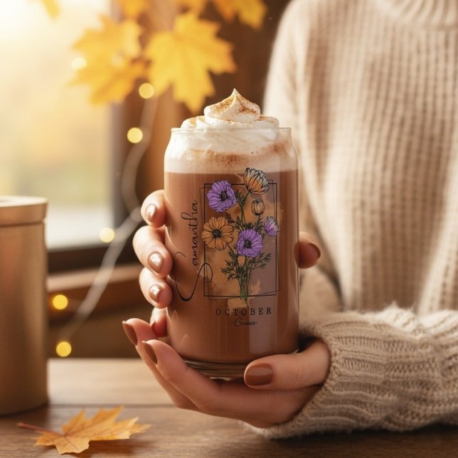 Personalised October Birth Flower With Name  Can Glass (Personalized October Birth Flower With Name Can Glass)