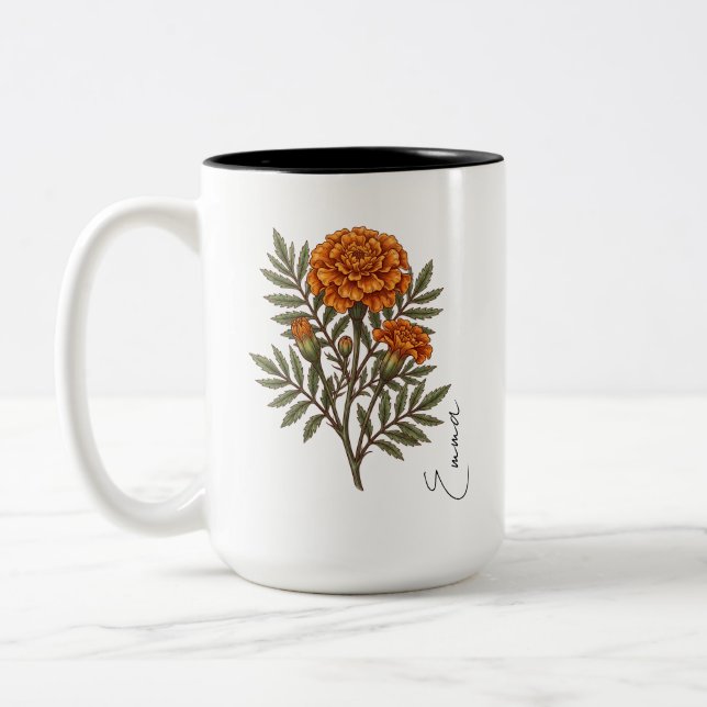 Personalised October Marigold Birth Flower Mug  (Left)