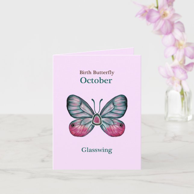Personalised October Pink Glasswing Butterfly Art Card (Orchid)