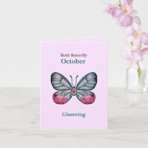 Personalised October Pink Glasswing Butterfly Art Card