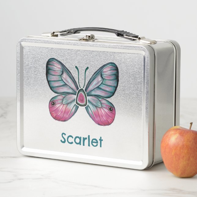 Personalised October Pink Glasswing Butterfly Art Metal Lunch Box (In Situ)