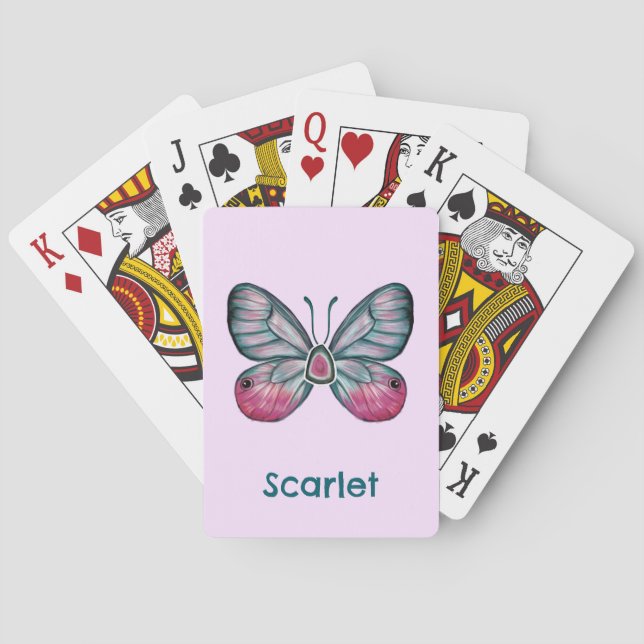 Personalised October Pink Glasswing Butterfly Art Playing Cards (Back)