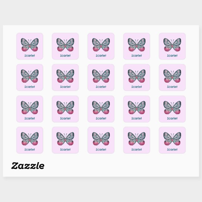 Personalised October Pink Glasswing Butterfly Art Square Sticker (Sheet)
