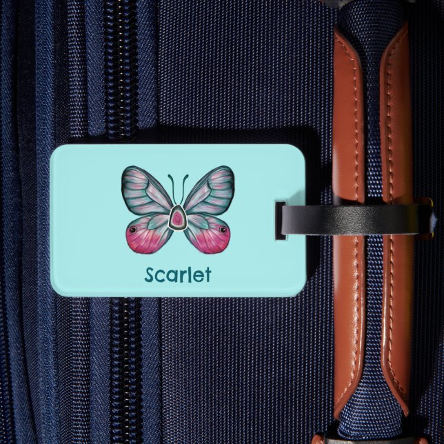Personalised October Teal Glasswing Butterfly Art Luggage Tag (Back Insitu 2)