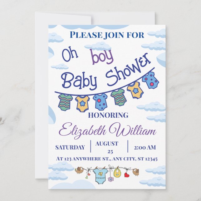 personalised oh  boy baby shower invitations (Front)