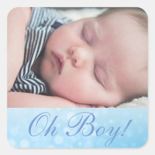 Personalised "OH Boy" Photo New Baby Announcement Square Sticker