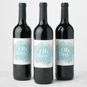 Personalised  Oh Boy Shower Watercolor Glitter Wine Label