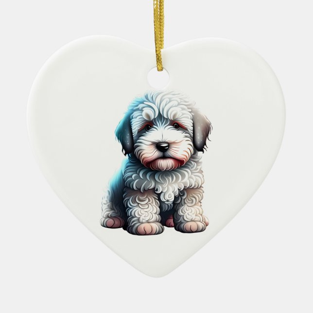 Personalised Old English Sheepdog Puppy Dog Ceramic Ornament (Front)
