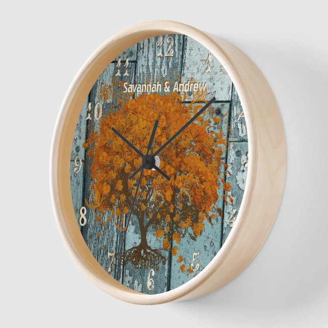 Personalised Old Rustic Aqua Wood Coral Tree Wall Clock (Angle)