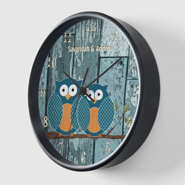 Personalised Old Rustic Aqua Wood Love Bird Owls Wall Clock (Angle)