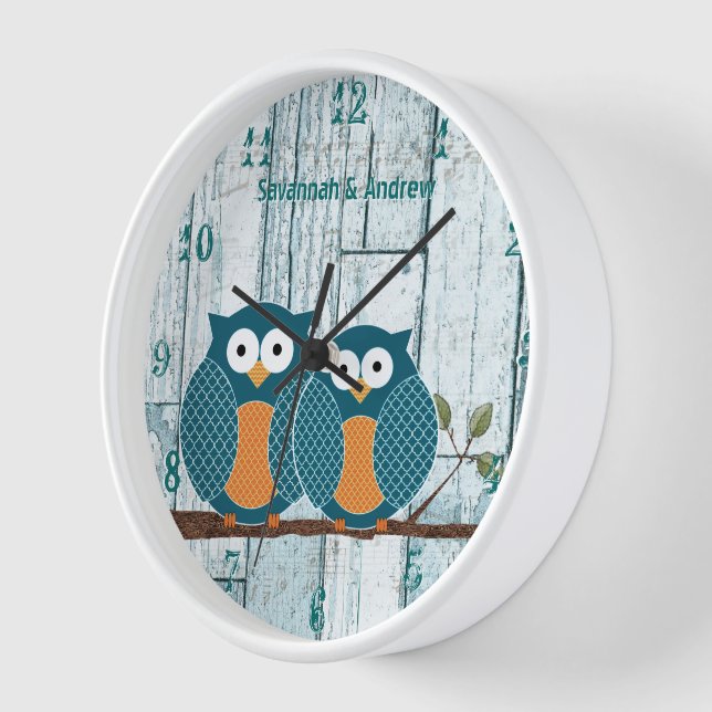 Personalised Old Rustic Aqua Wood Love Bird Owls Wall Clock (Angle)