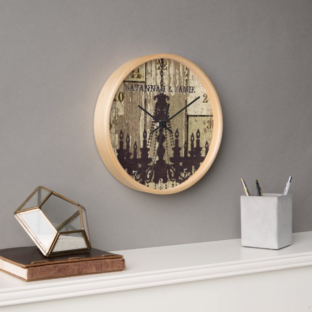 Personalised Old Rustic Wood Look Chandelier Wall Clock (Office)