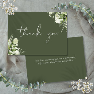 Personalised Olive Green Floral Elegant Script Thank You Card