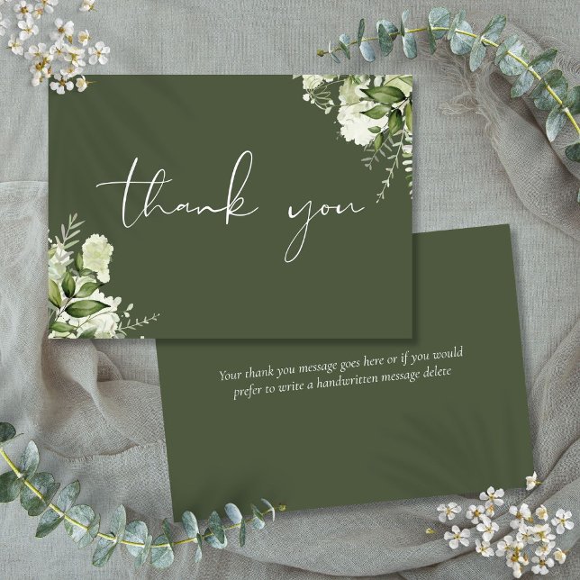 Personalised Olive Green Floral Elegant Script Thank You Card (Personalized Olive Green Floral Elegant Script Thank You Card)
