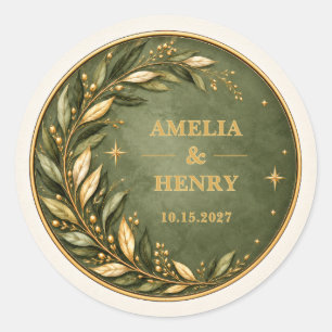 Personalised Olive Green Gold Botanical Wedding Classic Round Sticker