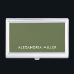 Personalised Olive Green Minimalist Business Card Holder<br><div class="desc">Keep your business cards organised and stylish with this personalised olive green minimalist business card case. The case features a name in modern white sans serif font on a beautiful olive green background. Perfect for professionals who want to make a great first impression.</div>