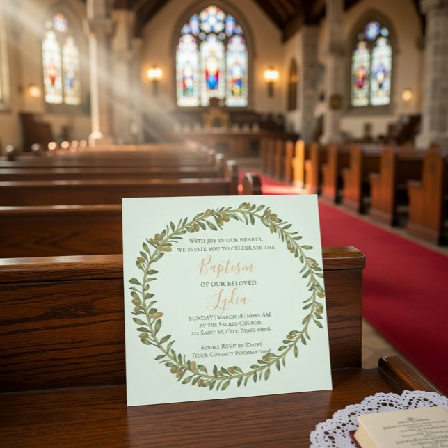 Personalised Olive Wreath Baptism Invitation (Creator Uploaded)