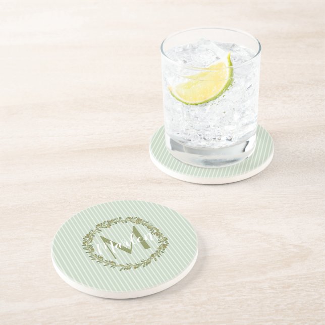 Personalised Olive Wreath Monogram Sandstone Coast Coaster (Side)