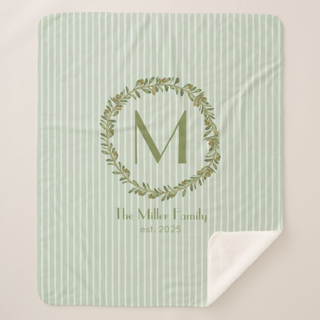 Personalised Olive Wreath Monogram  Sherpa Blanket (Front)