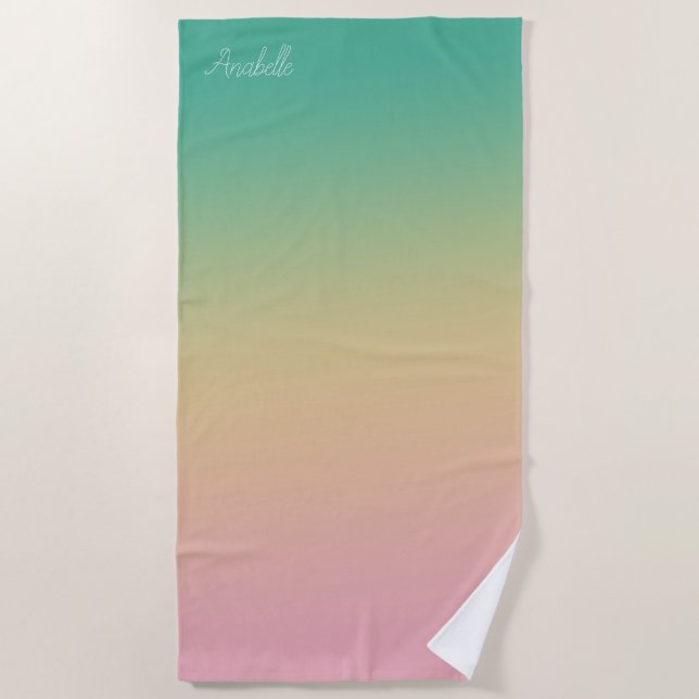 Personalised Ombre Gradient Teal Peach Pink Beach Towel (Front)