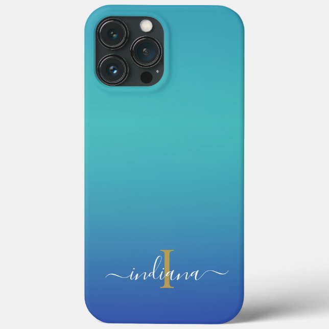 Personalised Ombre Monogram Blue Turquoise Script Case-Mate iPhone Case (Back)
