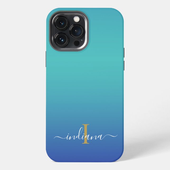 Personalised Ombre Monogram Blue Turquoise Script iPhone Case (Back)