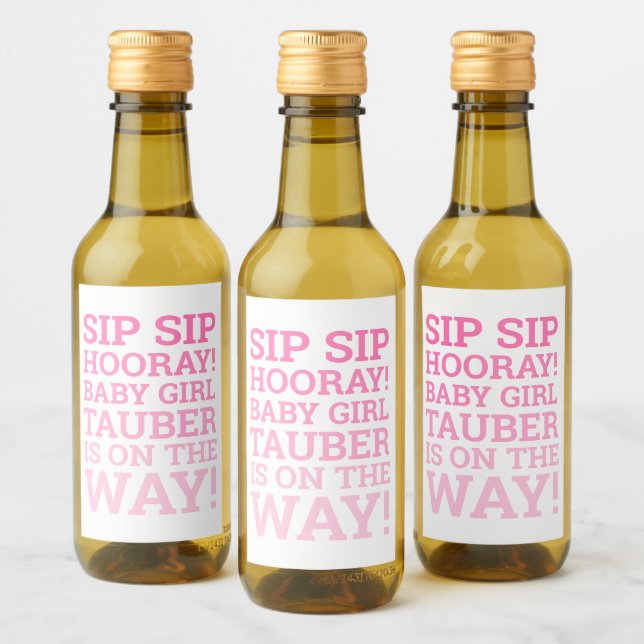 Personalised Ombre Sip Sip Hooray Baby Girl Shower Wine Label (Bottles)