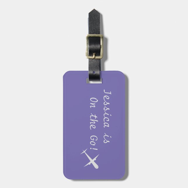 Personalised "On the Go" Aeroplane, Periwinkle Luggage Tag (Front Vertical)