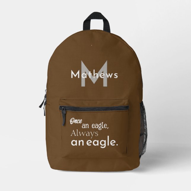 Personalised Once an Eagle, Always an Eagle. Brown Printed Backpack (Front)