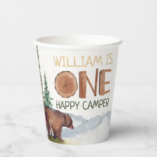 Personalised One Happy Camper Woodland Bear Paper Cups