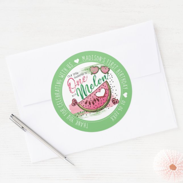 Personalised One In A Melon Birthday Party Classic Round Sticker (Envelope)