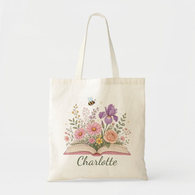Personalised Open Book Blooming Flower Garden Tote Bag (Front)