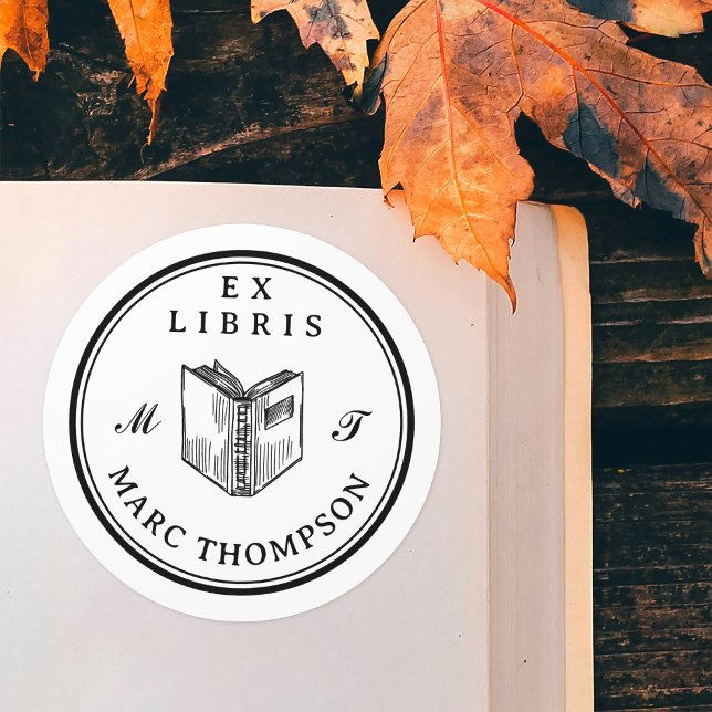 Personalised Open Book Classic Monogram Library Round Sticker (Creator Uploaded)