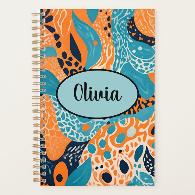 Personalised Orange and Blue Cheetah Print Planner (Front)