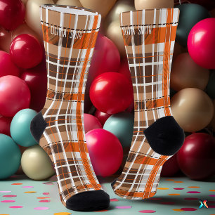 Personalised Orange and Brown Tartan Plaid Custom Socks