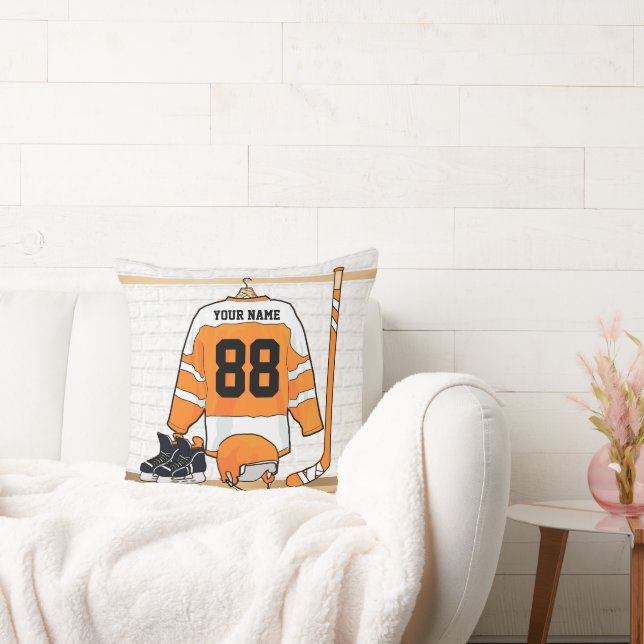Personalised Orange and White Ice Hockey Jersey Cushion (Couch)