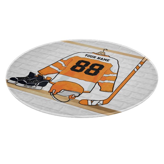 Personalised Orange and White Ice Hockey Jersey Cutting Board (Corner)