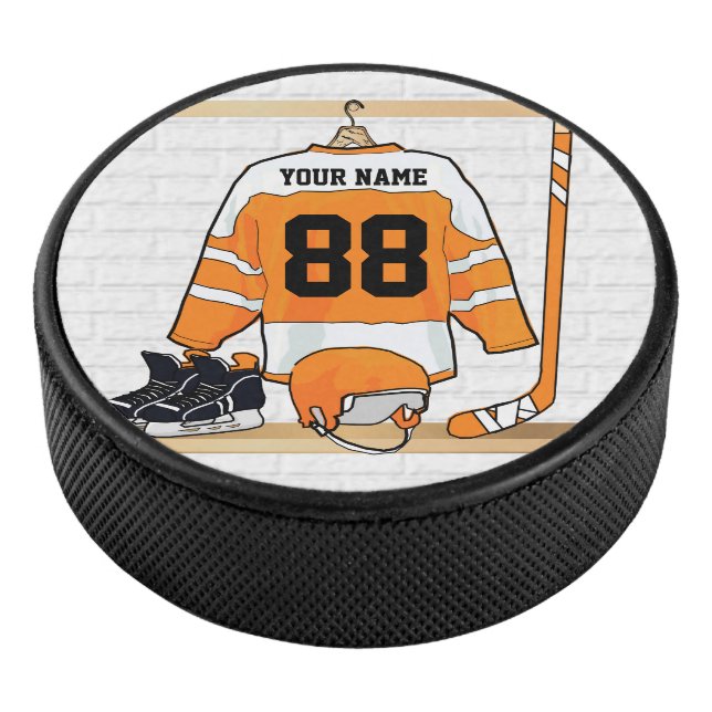 Personalised Orange and White Ice Hockey Jersey Hockey Puck (3/4)