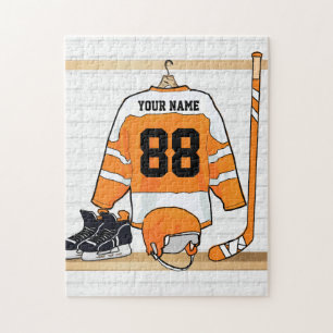 Personalised Orange and White Ice Hockey Jersey Jigsaw Puzzle