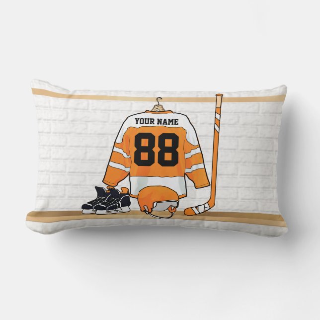 Personalised Orange and White Ice Hockey Jersey Lumbar Cushion (Front)