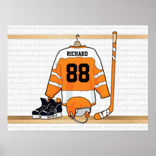 Personalised Orange and White Ice Hockey Jersey Poster