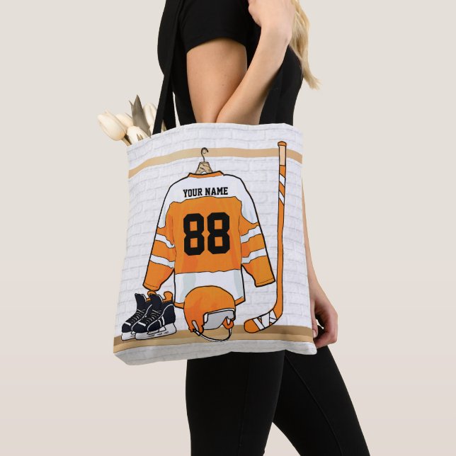 Personalised Orange and White Ice Hockey Jersey Tote Bag (Close Up)
