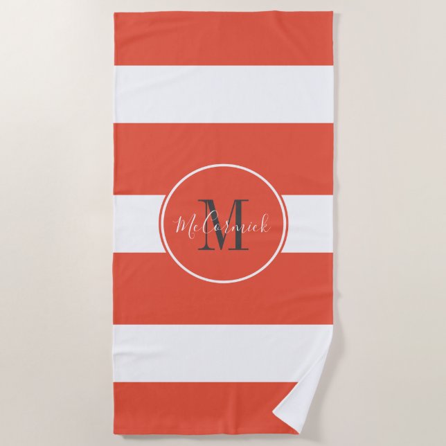 Personalised Orange And White Stripes Monogram Beach Towel (Front)
