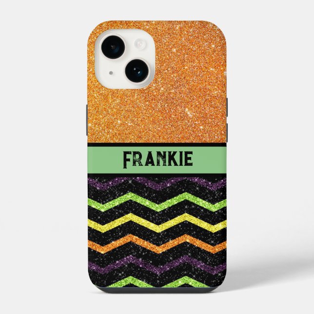 Personalised Orange & Black Glitter Zig Zag iPhone Case (Back)
