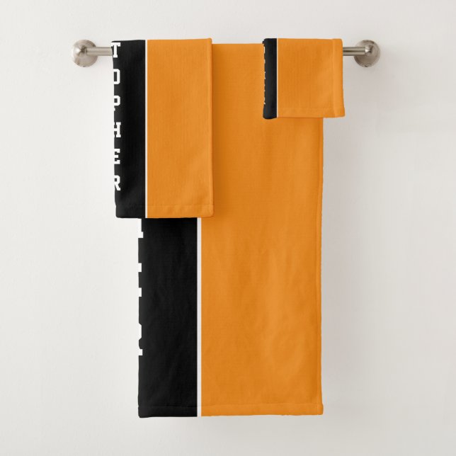 Personalised Orange Black Stripe Bath Towel Set (Insitu)