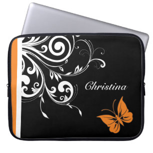 Personalised Orange Black White Butterfly Flourish Laptop Sleeve