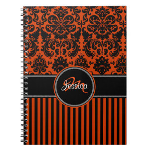 Personalised Orange Black White Striped Damask Notebook
